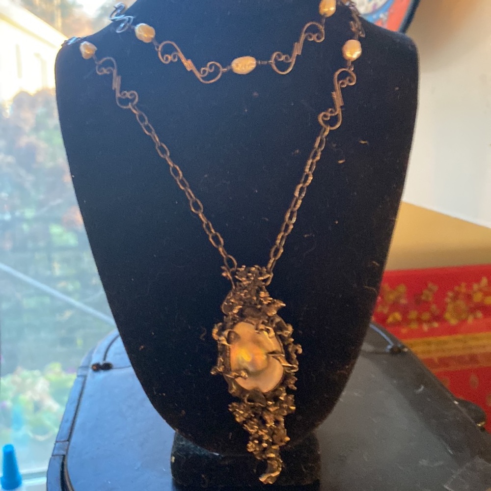 Mabé Blister Pearl and  Baroque Pearl Sterling Necklace with Blackened Chain